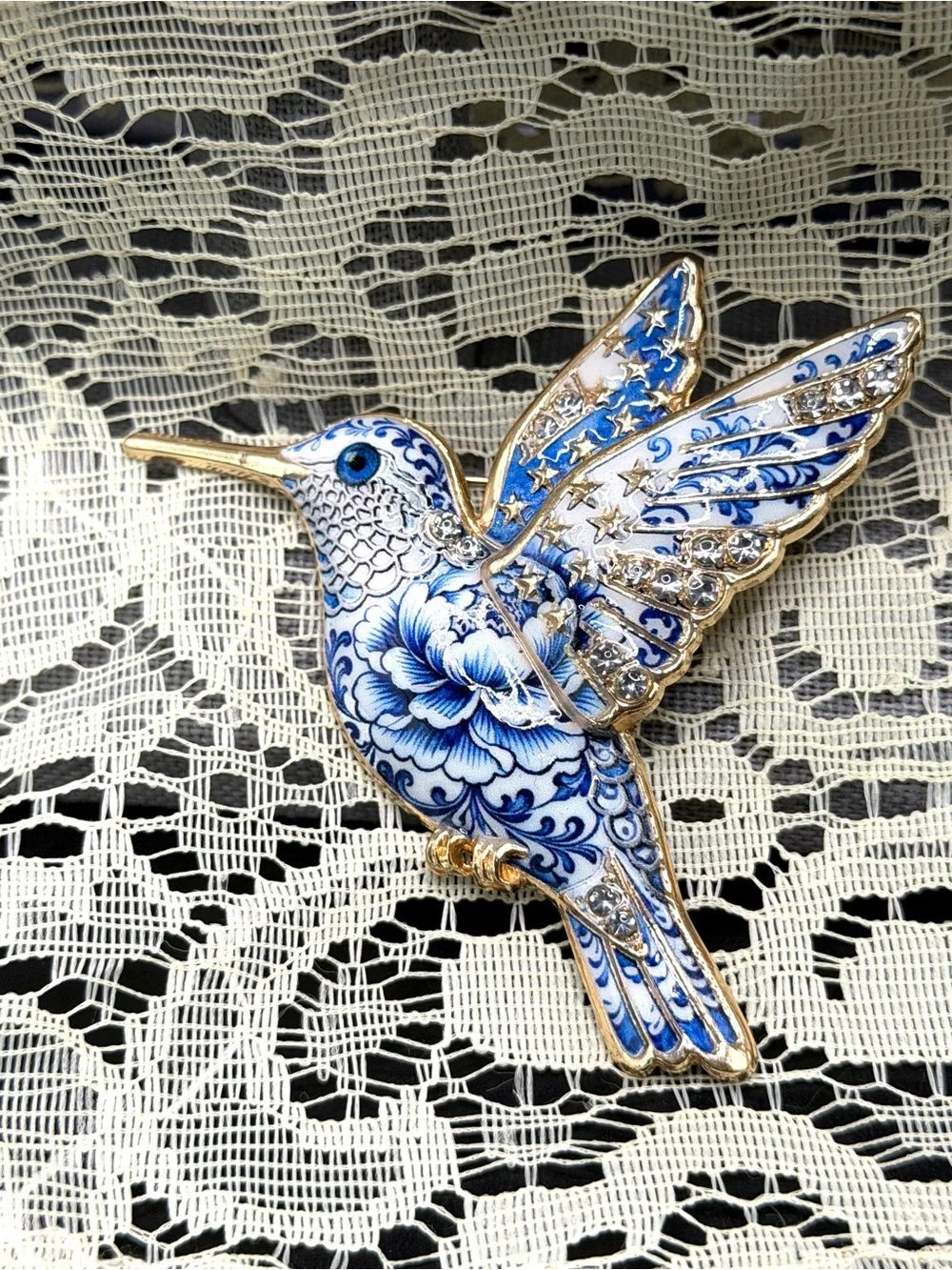 Hummingbird Brooch, Blue & White Ceramic